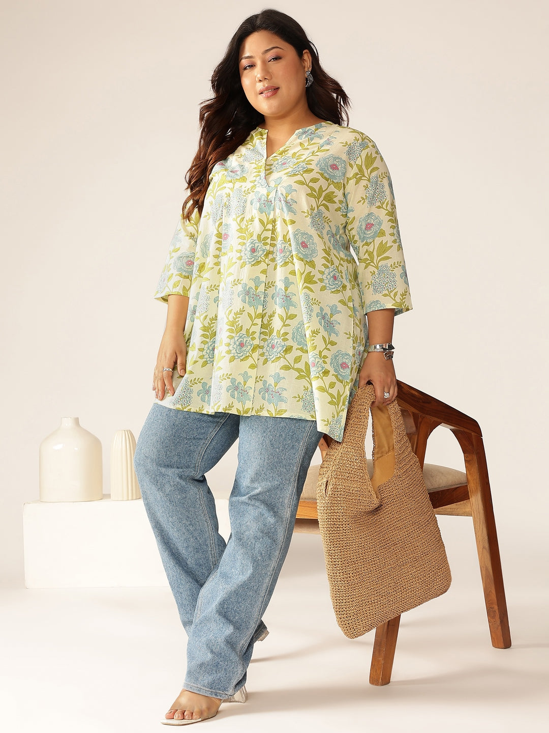 Janasya Light Cotton Floral A-Line Tunic