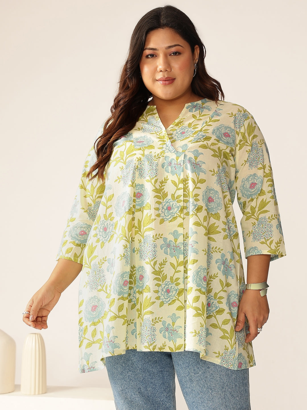 Janasya Light Cotton Floral A-Line Tunic
