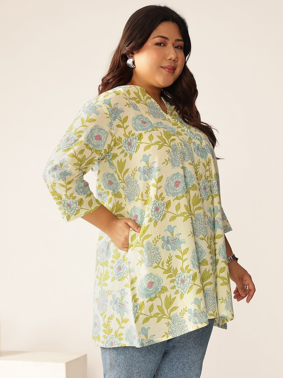 Janasya Light Cotton Floral A-Line Tunic