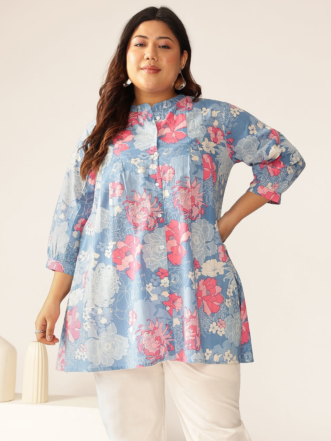 Janasya Bright Cotton Floral A-Line Tunic