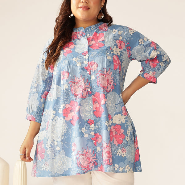 Janasya Bright Cotton Floral A-Line Tunic
