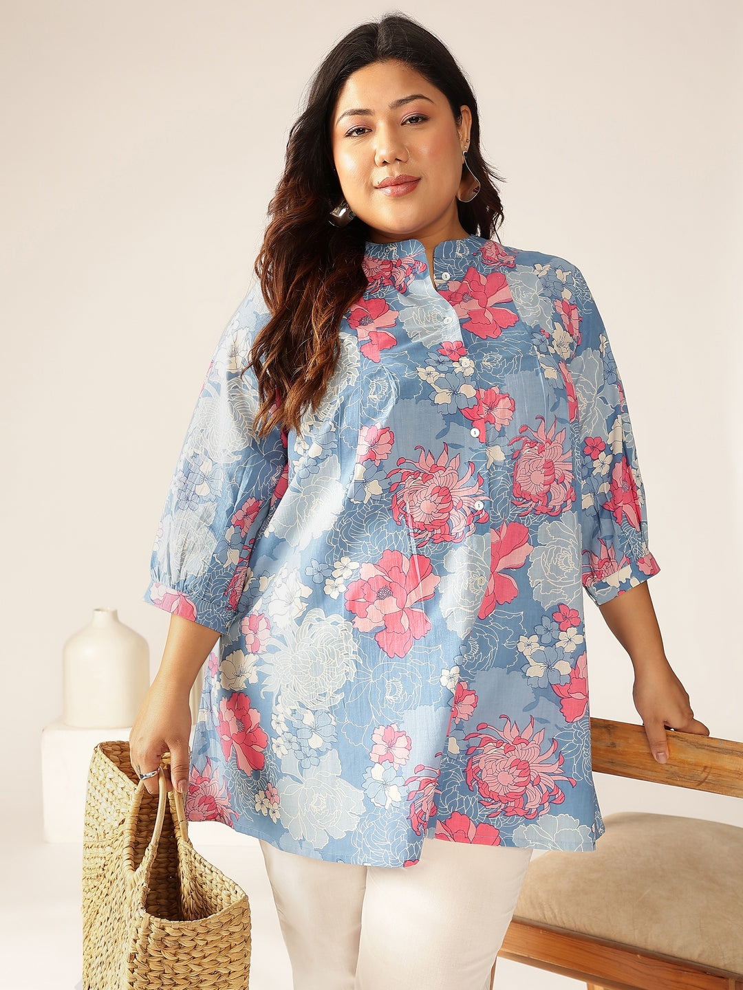 Janasya Bright Cotton Floral A-Line Tunic