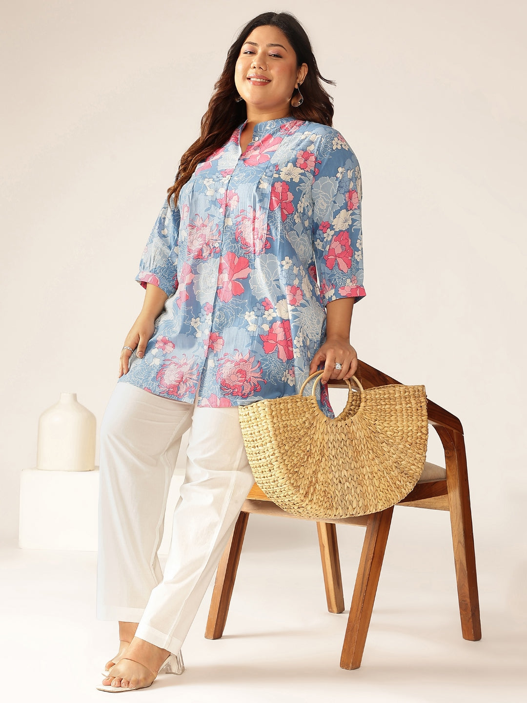 Janasya Bright Cotton Floral A-Line Tunic