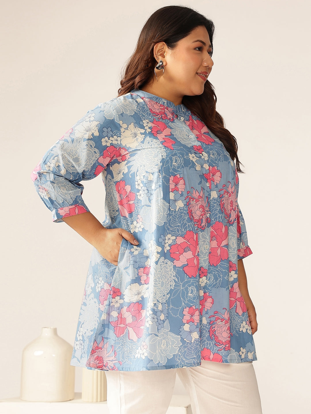 Janasya Bright Cotton Floral A-Line Tunic