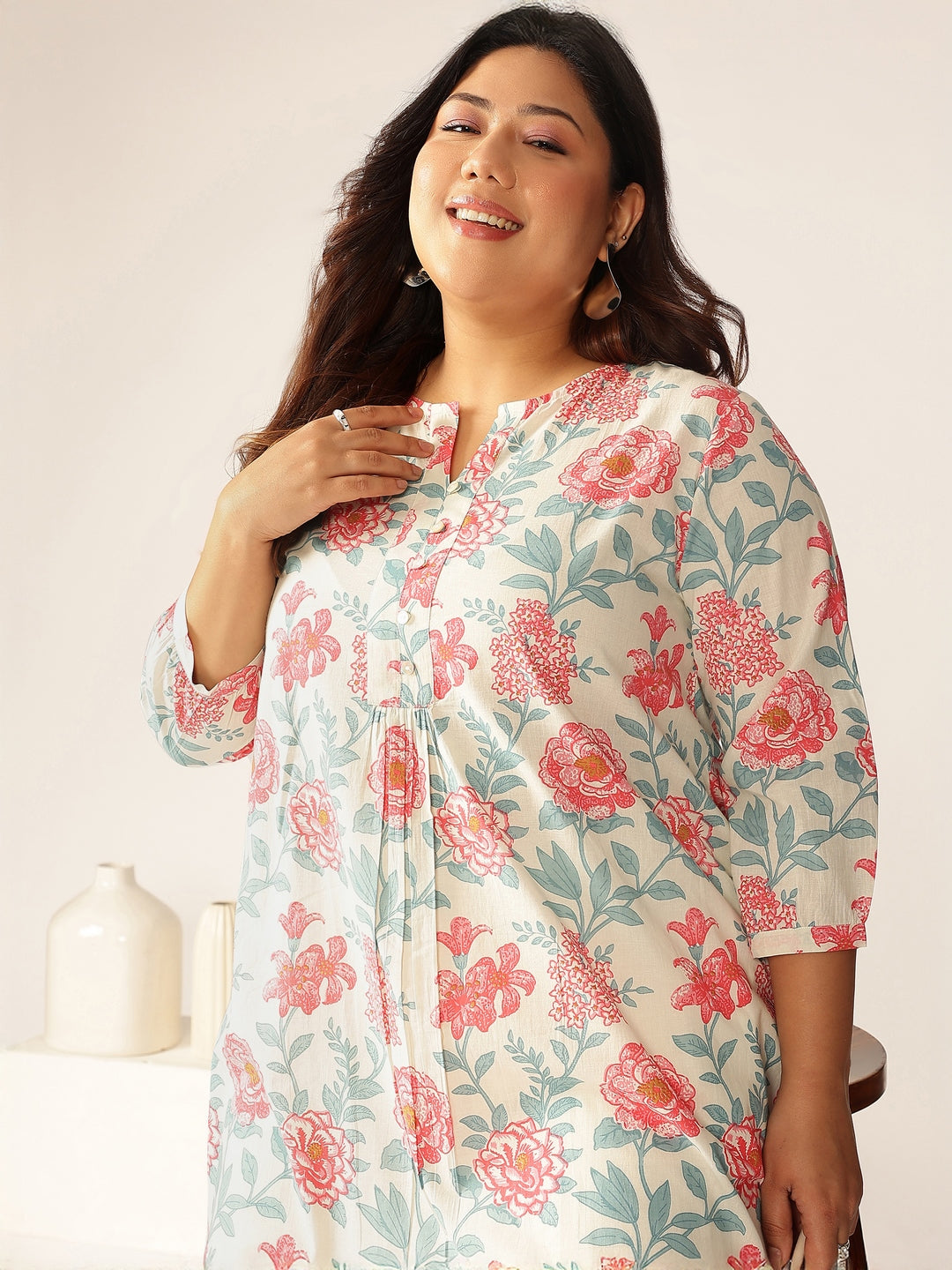 Janasya Light Cotton Floral A-Line Tunic
