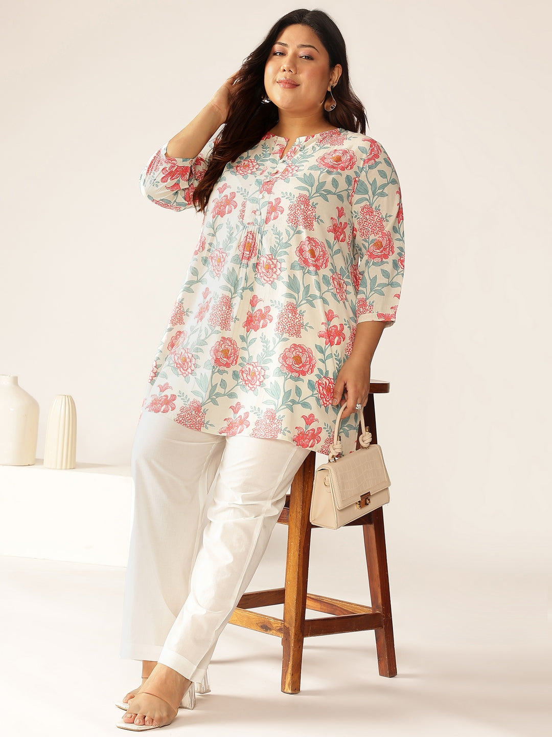 Janasya Light Cotton Floral A-Line Tunic
