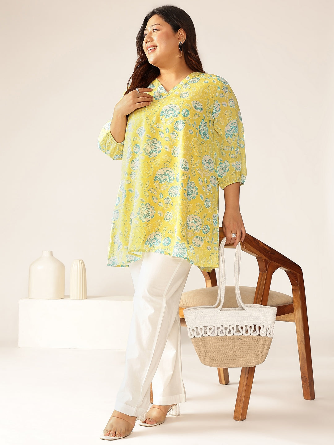 Janasya Bright Georgette Floral A-Line Tunic