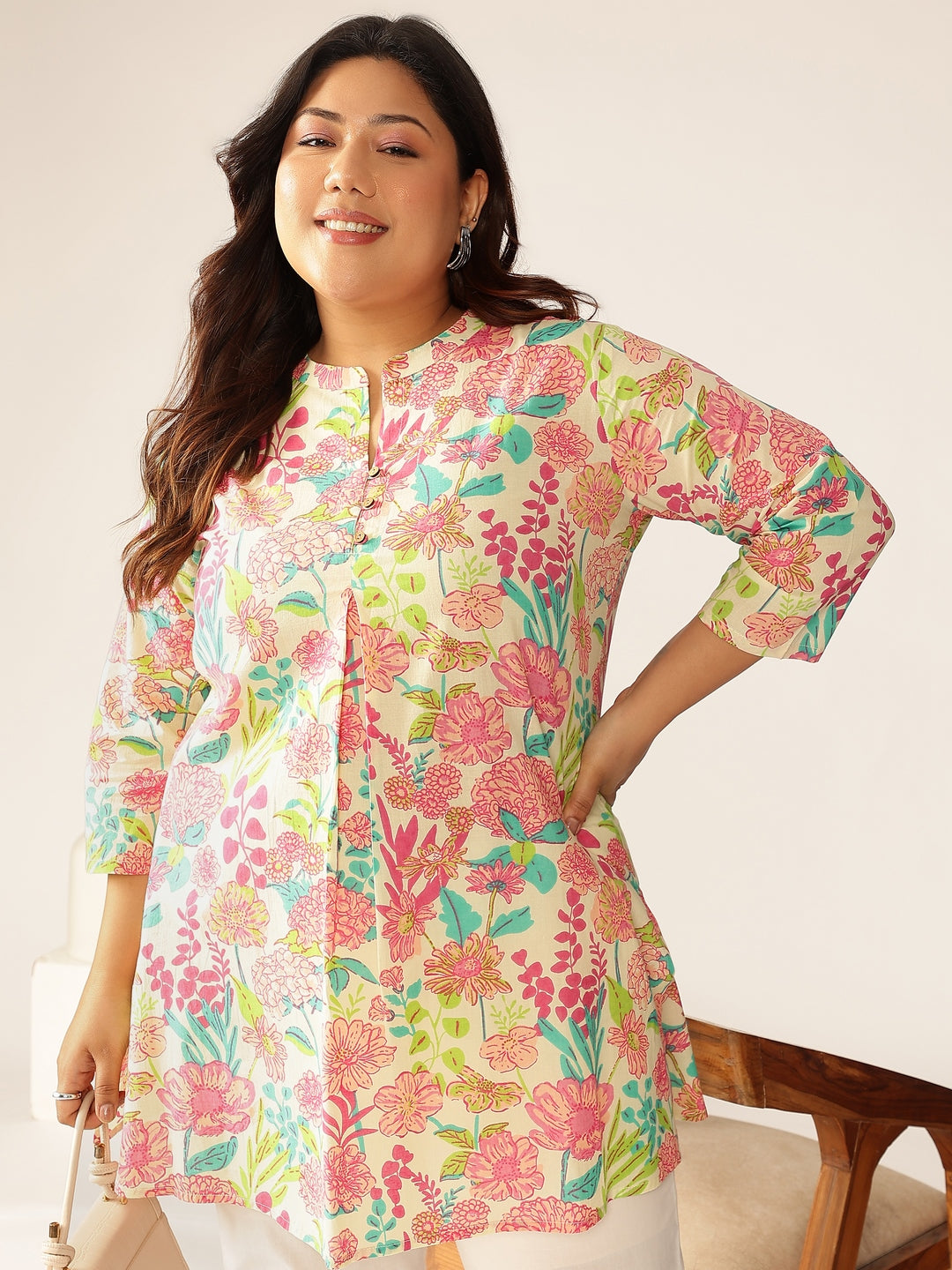 Janasya Bright Cotton Floral A-Line Tunic