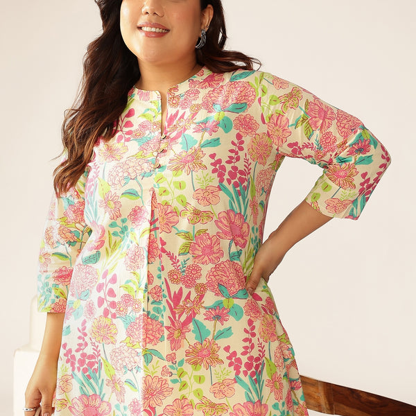 Janasya Bright Cotton Floral A-Line Tunic