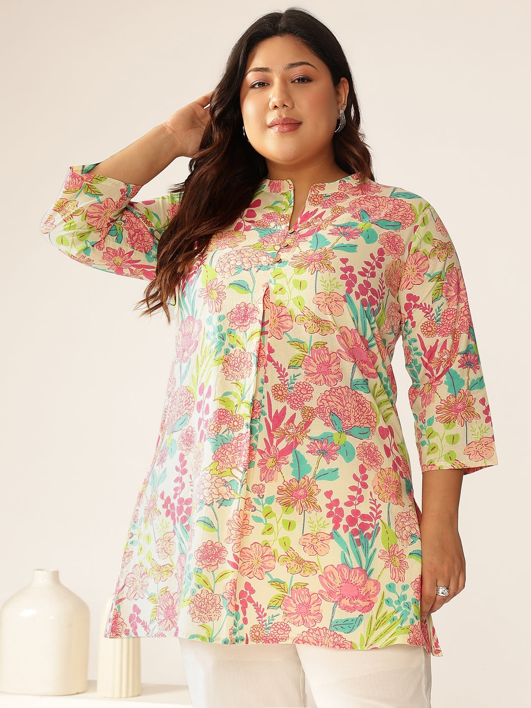 Janasya Bright Cotton Floral A-Line Tunic