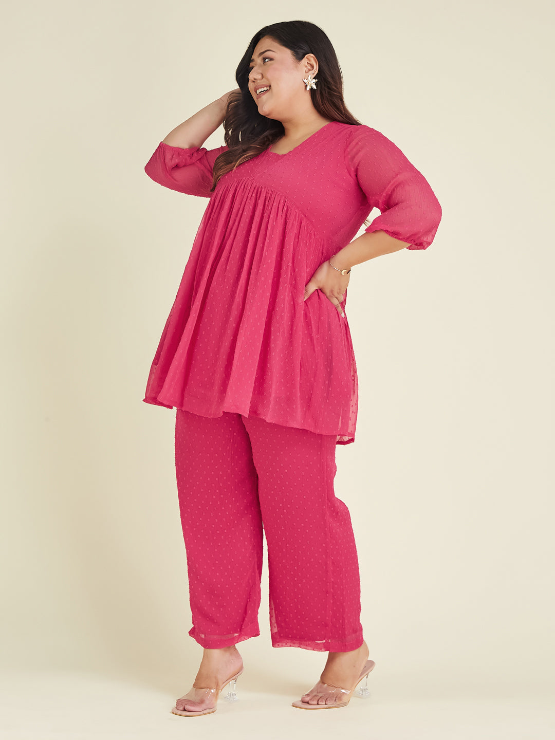 Janasya Bright Dobby Chiffon Self Design A-Line Top & Bottom Set