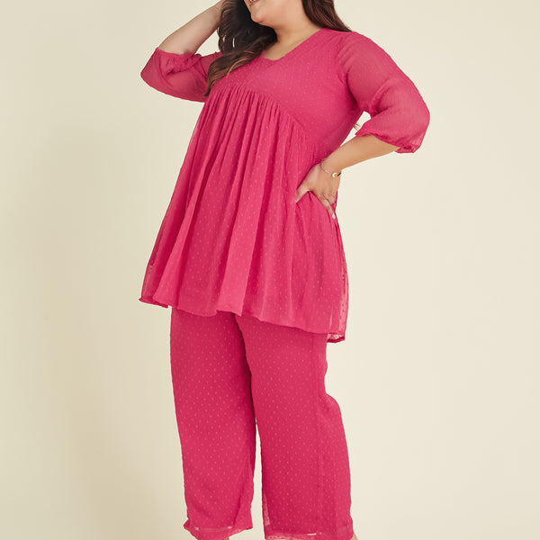 Janasya Bright Dobby Chiffon Self Design A-Line Top & Bottom Set