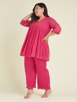Thumbnail for Janasya Bright Dobby Chiffon Self Design A-Line Top & Bottom Set