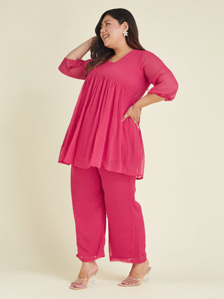 Janasya Bright Dobby Chiffon Self Design A-Line Top & Bottom Set