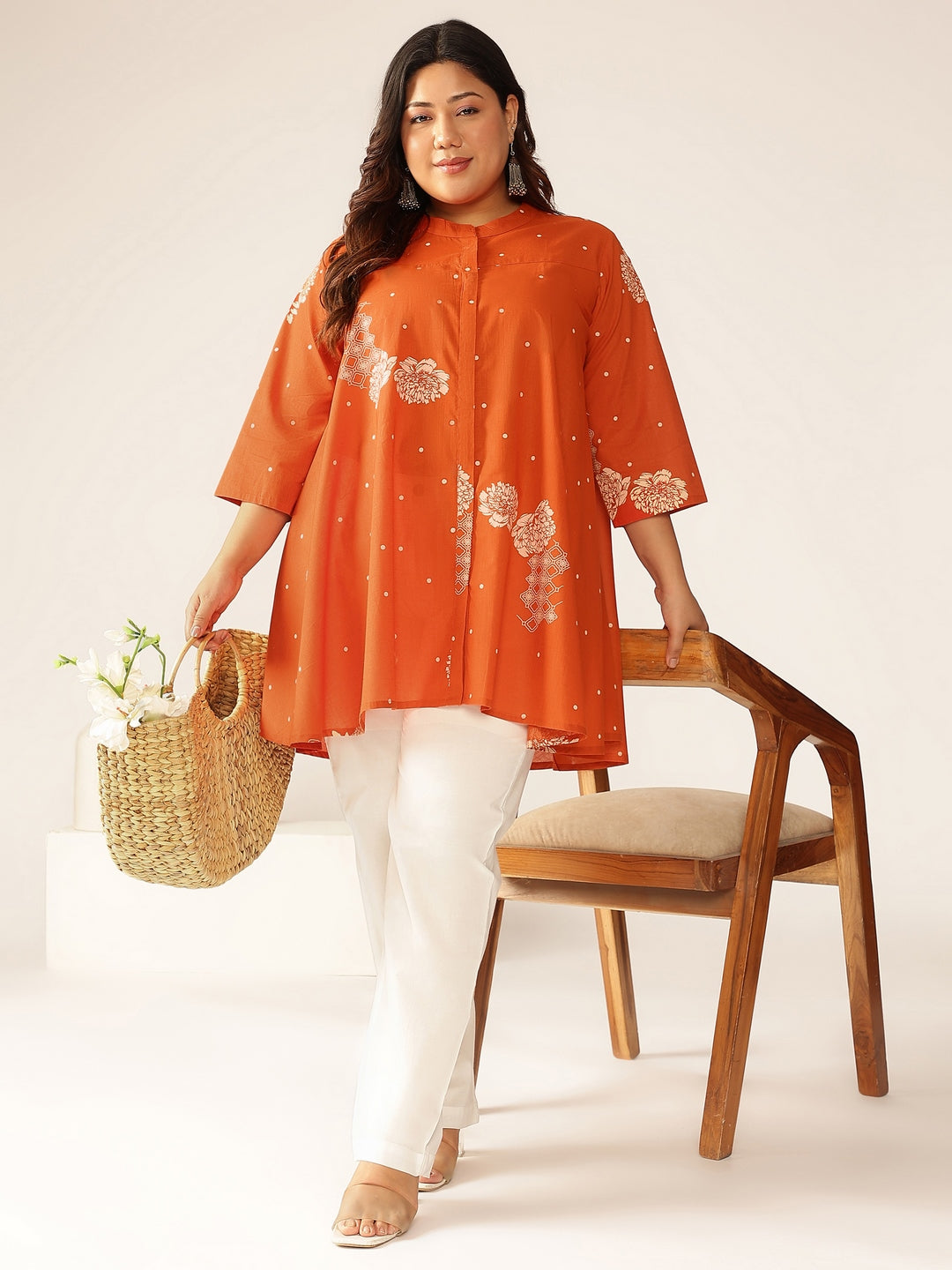 Janasya Dark Cotton Floral A-Line Tunic