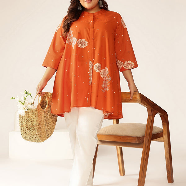 Janasya Dark Cotton Floral A-Line Tunic