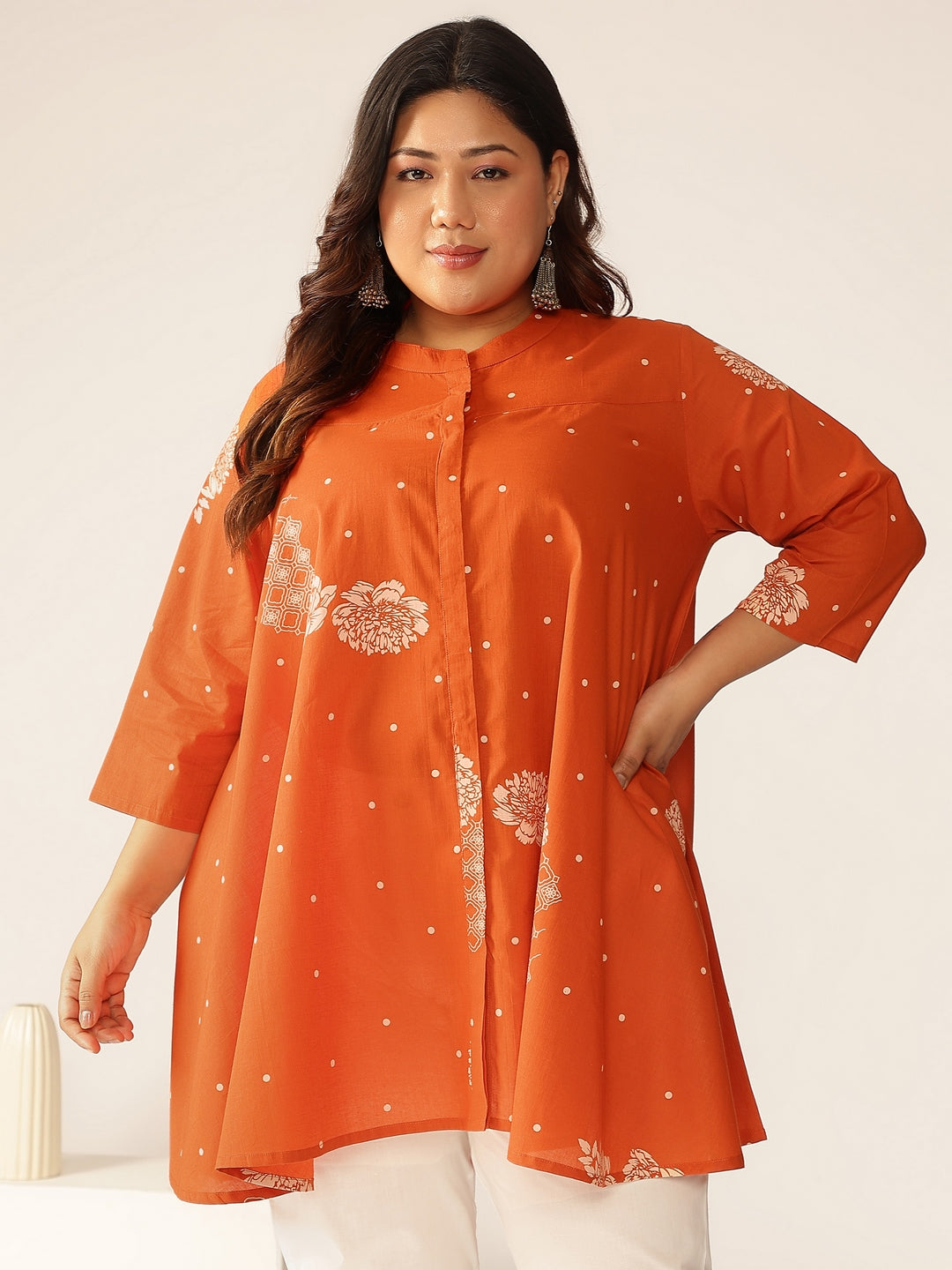 Janasya Dark Cotton Floral A-Line Tunic