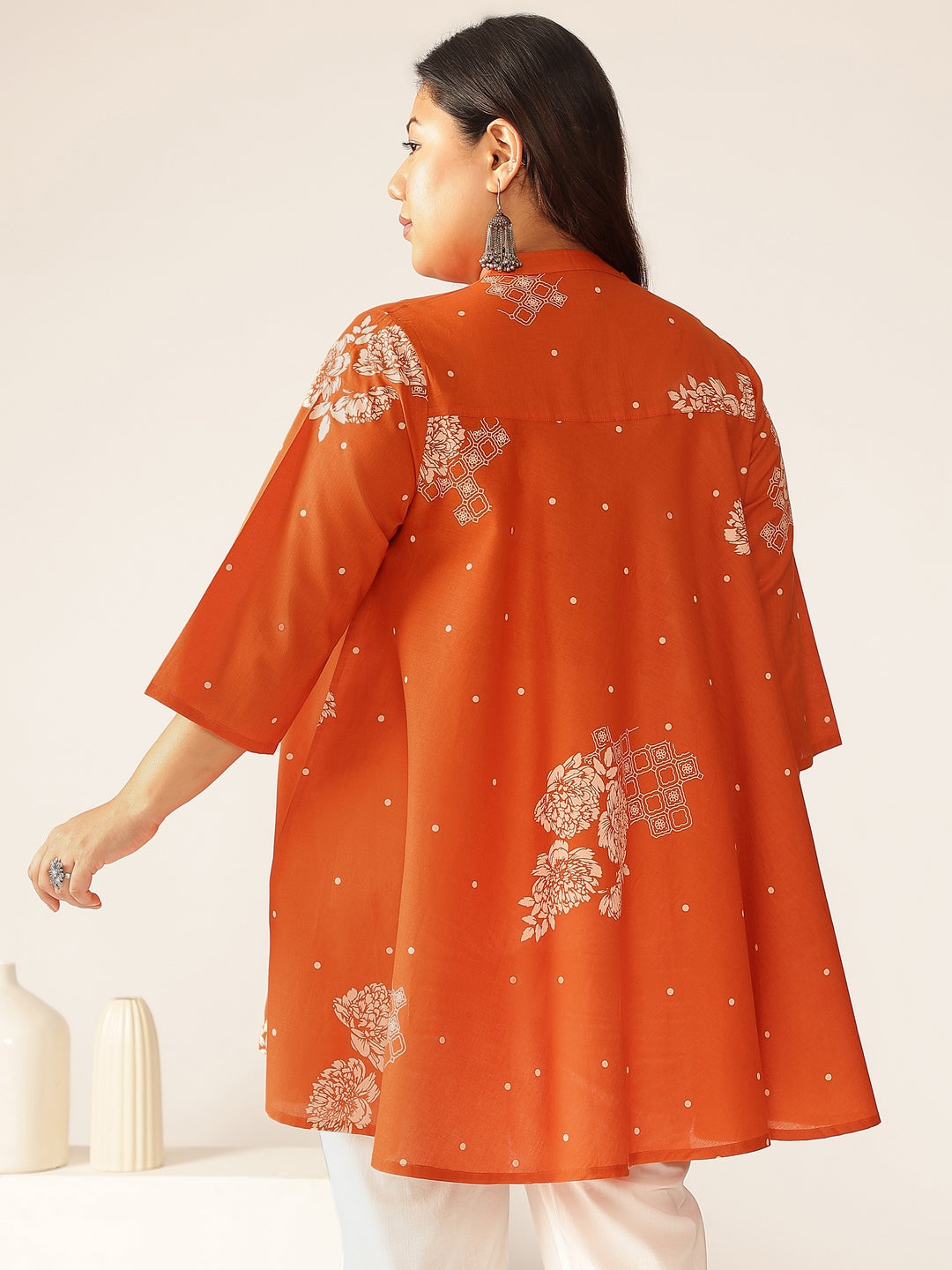 Janasya Dark Cotton Floral A-Line Tunic