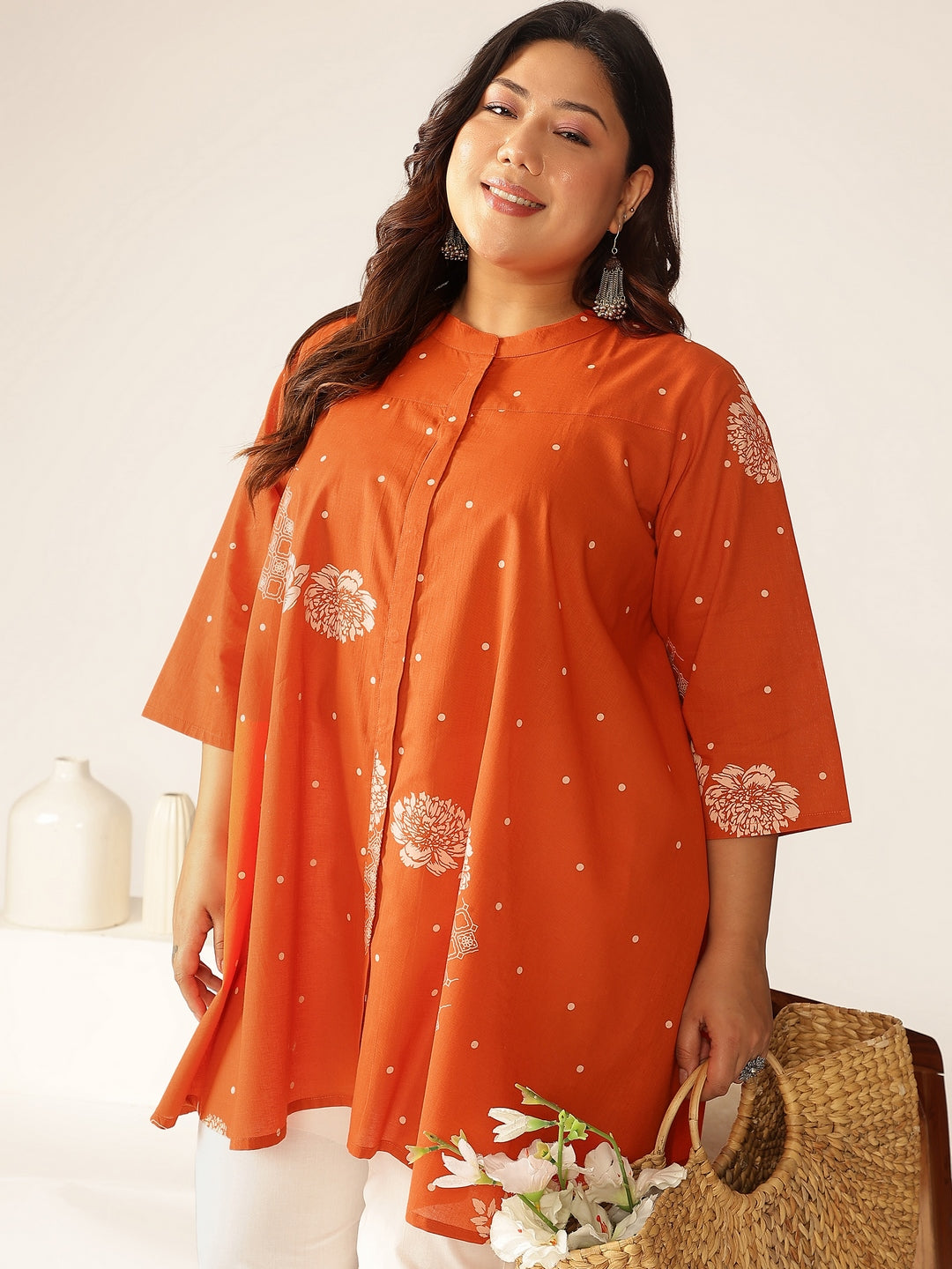 Janasya Dark Cotton Floral A-Line Tunic