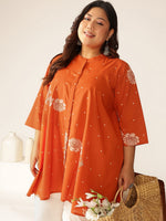 Thumbnail for Janasya Dark Cotton Floral A-Line Tunic