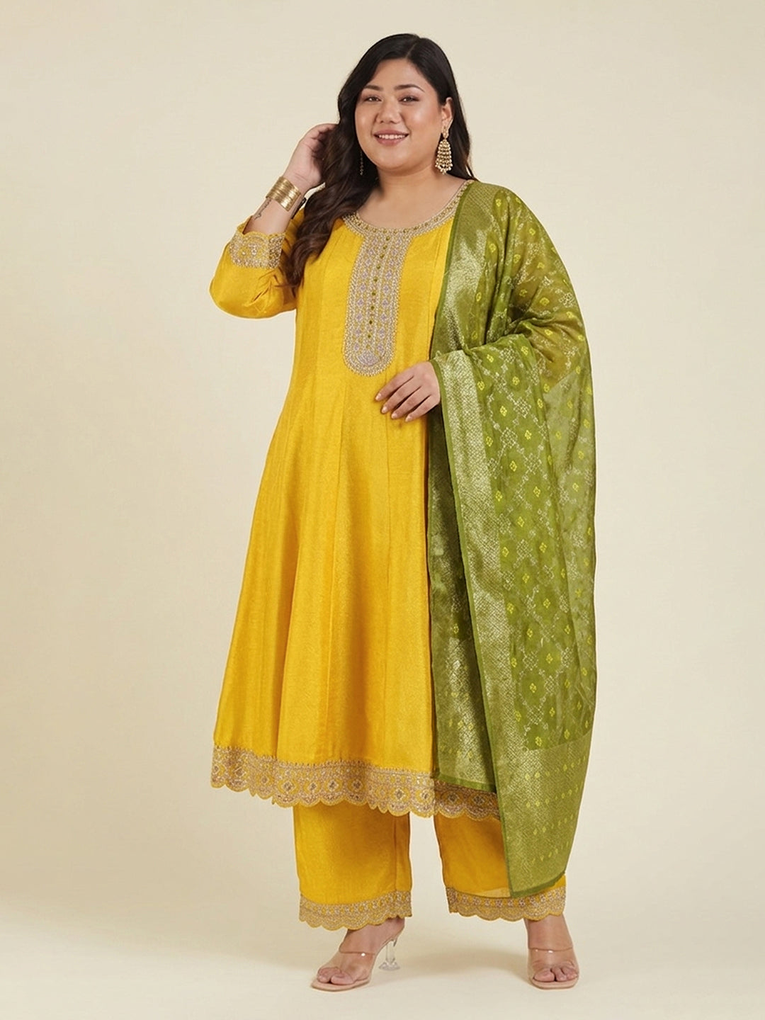 Janasya Yellow Anarkali Silk Blend Kurta,Bottom & Dupatta - Dista