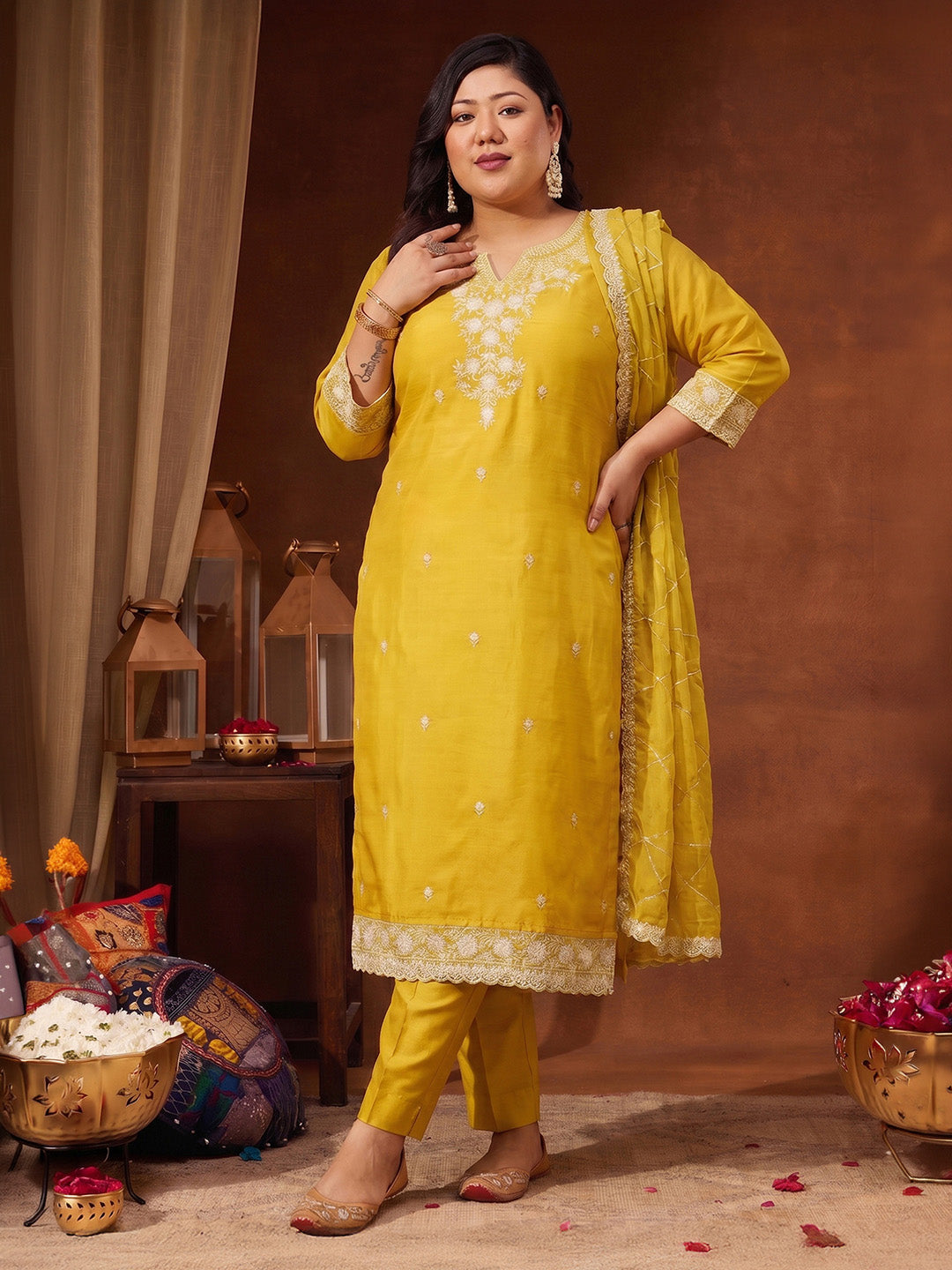 Janasya Yellow Straight Silk Blend Kurta,Bottom & Dupatta - Dista