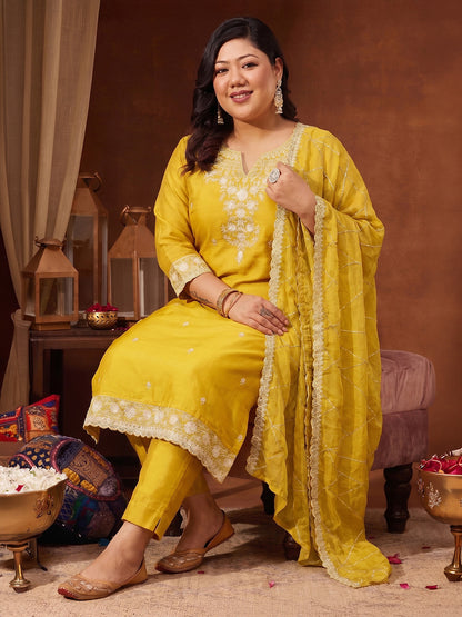 Janasya Yellow Straight Silk Blend Kurta,Bottom & Dupatta - Dista