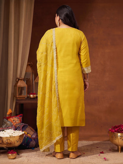 Janasya Yellow Straight Silk Blend Kurta,Bottom & Dupatta - Dista