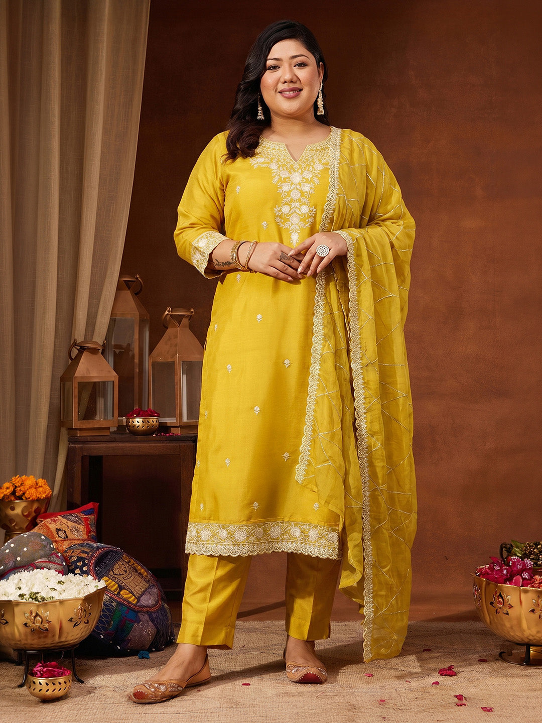 Janasya Yellow Straight Silk Blend Kurta,Bottom & Dupatta - Dista