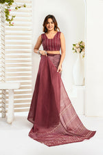 Thumbnail for Joban Fashion Maroon Ethnic Motifs Linen Ready To Wear Saree With Unstitched Blouse - Distacart