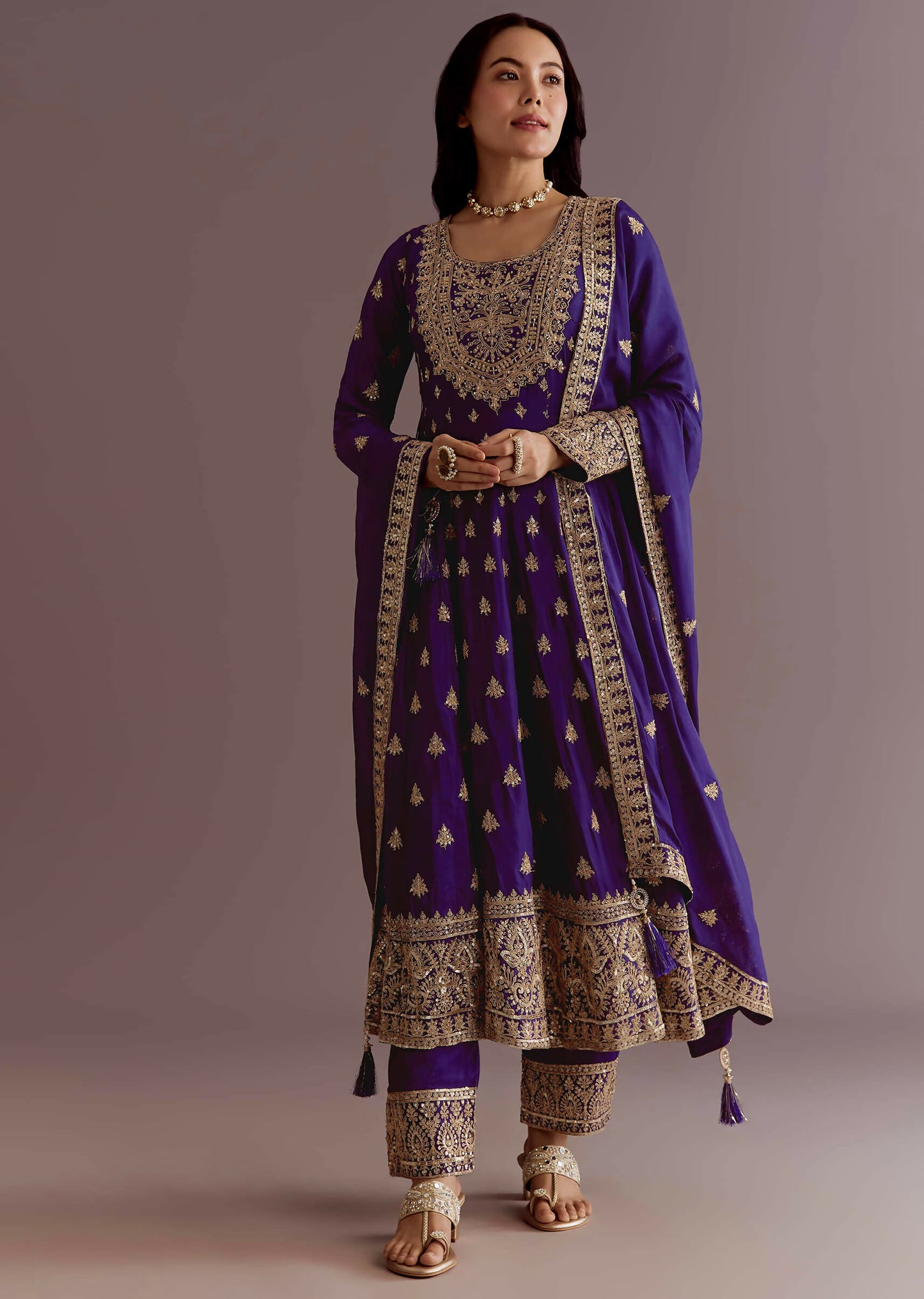 Teeya Creation Purple Color Chinnon Silk Embroidery Work Gown - Distacart