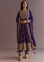 Thumbnail for Teeya Creation Purple Color Chinnon Silk Embroidery Work Gown - Distacart