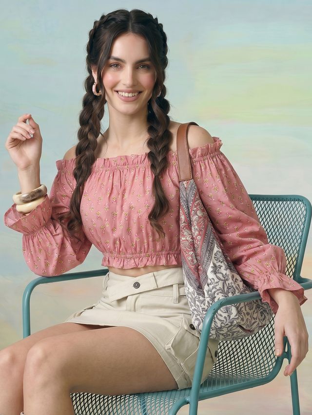 Janasya Blush Crop Cotton Top - Dista
