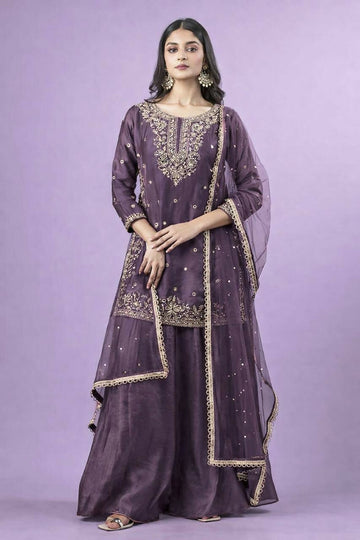 Teeya Creation New Trendy Womens Wedding Wear Kurta Palazzo Set - Lavender - Dista