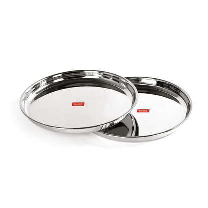 Sumeet Stainless Steel Heavy Gauge Deep Wall Dinner Plates with Mirror Finish - Dista