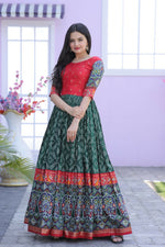 Thumbnail for Jyoti Fashion Women's Bottle Green Patola with Foil Print Dola Silk Anarkali Dress - Distacart