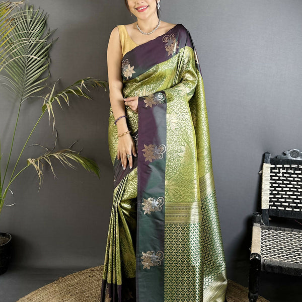 Joban Fashion Olive Green Intricate Zari Weaving Soft Silk Dharmavaram Saree - Dista