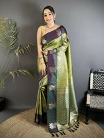 Thumbnail for Joban Fashion Olive Green Intricate Zari Weaving Soft Silk Dharmavaram Saree - Dista