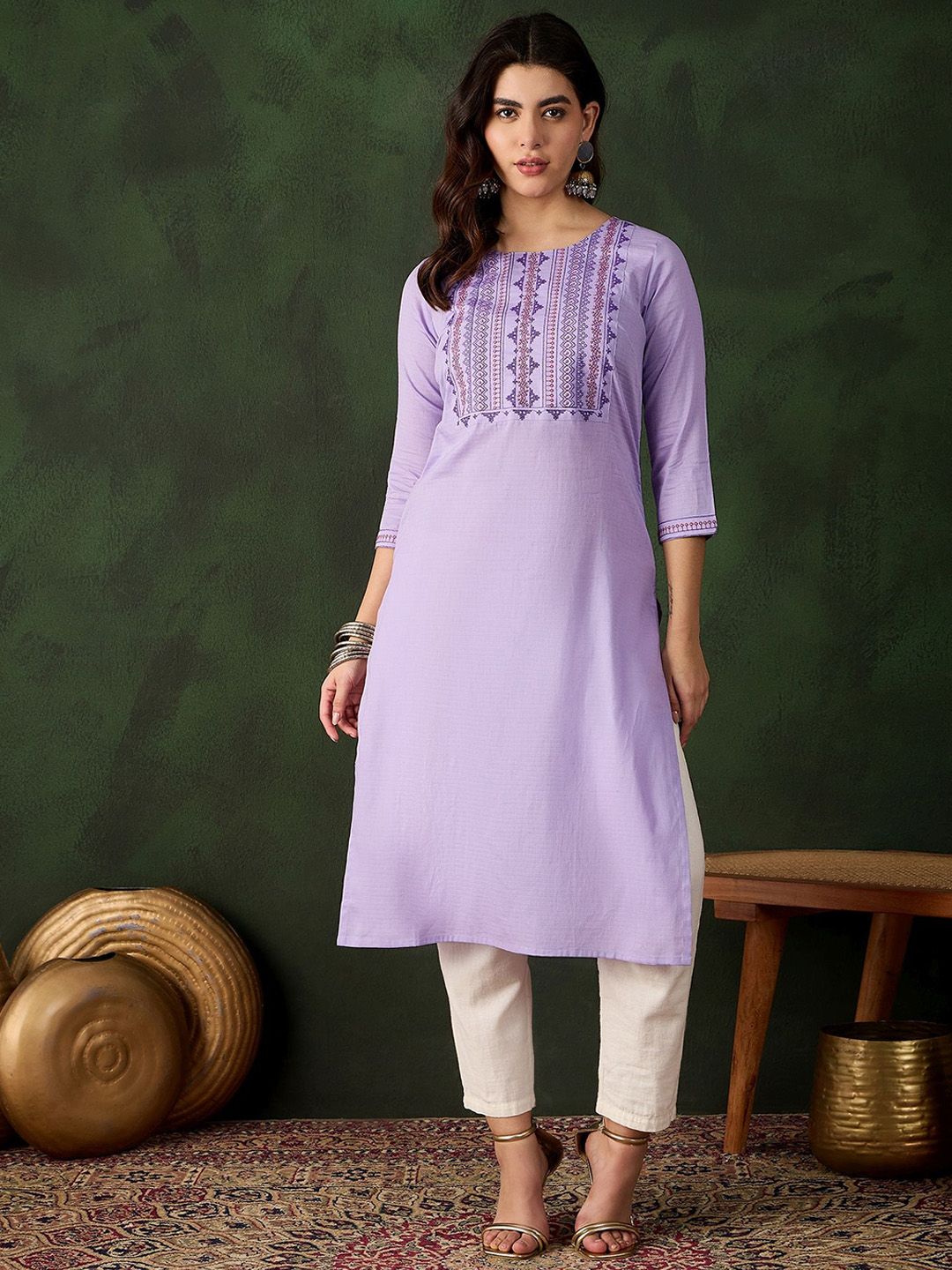 Sangria Embroidered Pure Cotton Straight Kurta - Distacart