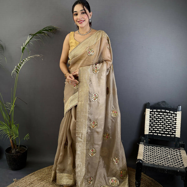 Joban Fashion Mud Brown Handloom Banarasi Organza Silk Khatali Butta Work Saree