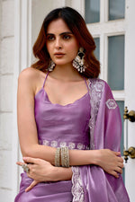 Thumbnail for Vastranavya Lavender Embroidery Work Shimmer Chiffon Saree with Unstitched Blouse