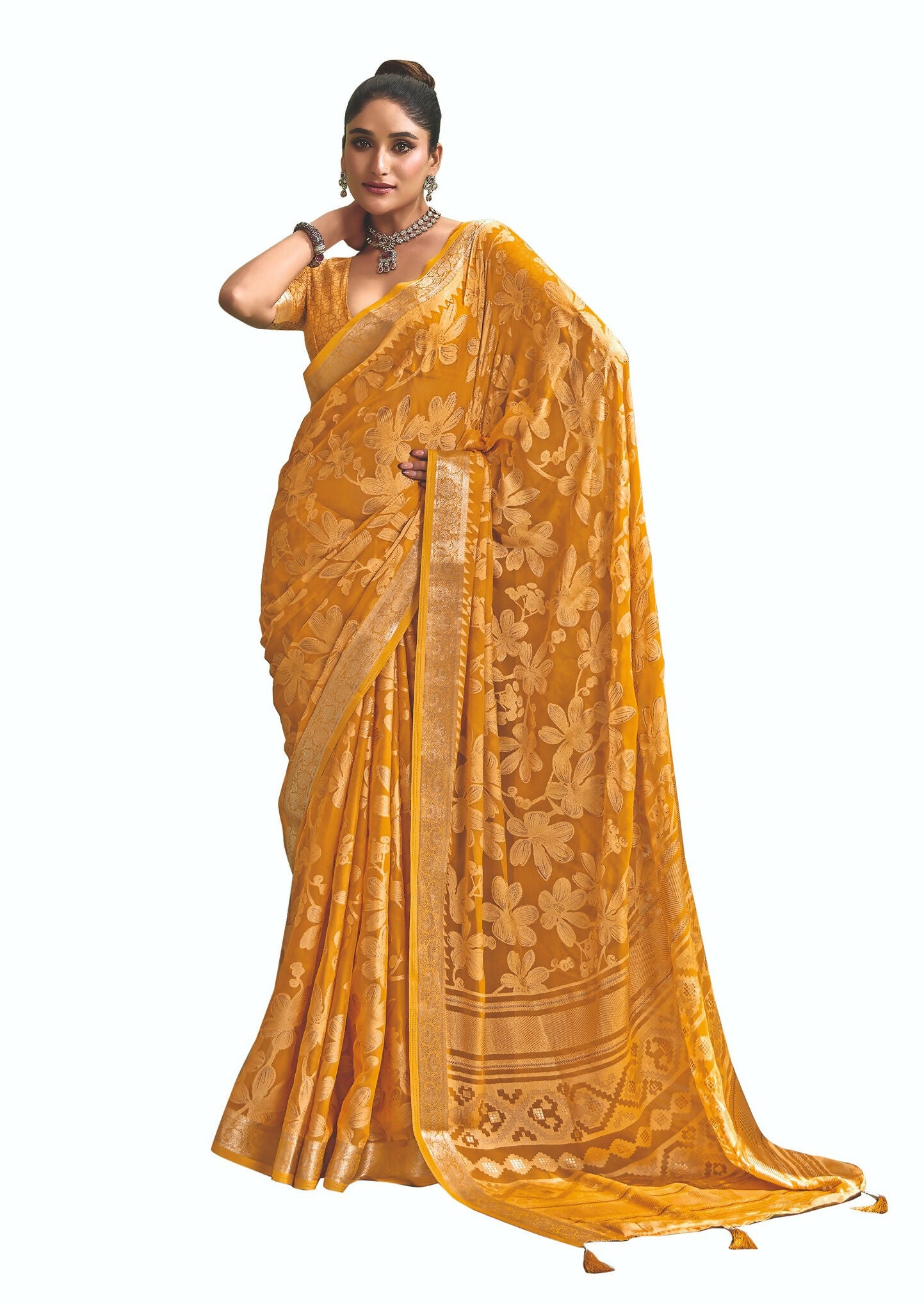Joban Fashion Yellow Dull Moss Brasso With Kasab Zari Border Saree & Tassels With Brasso Blouse
