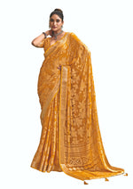 Thumbnail for Joban Fashion Yellow Dull Moss Brasso With Kasab Zari Border Saree & Tassels With Brasso Blouse