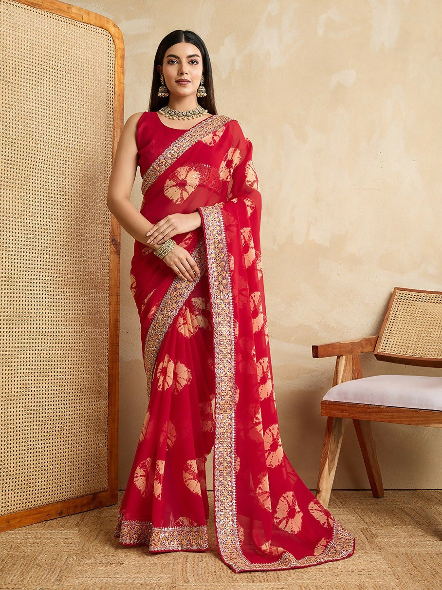 Ai Fashion Red Georgette Bandhani Print Party Wear Saree
