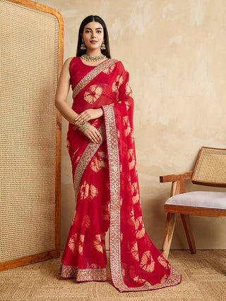 Ai Fashion Red Georgette Bandhani Print Party Wear Saree