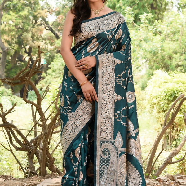 Joban Fashion Green Banarasi Soft Pure Handloom Banarasi Silk Saree