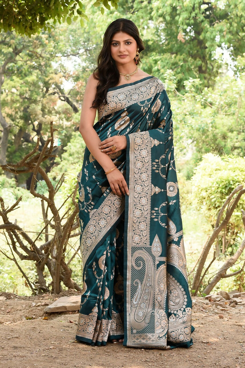 Joban Fashion Green Banarasi Soft Pure Handloom Banarasi Silk Saree - Dista