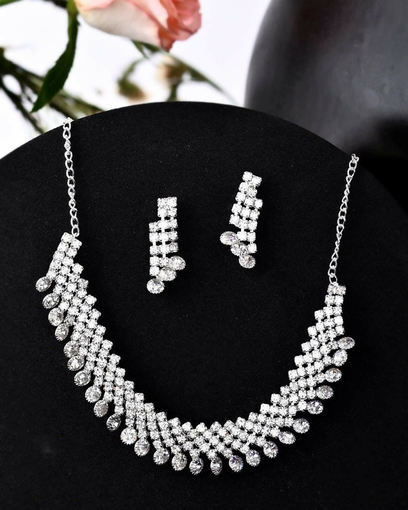 VOJ Silver Plated AD Stone Studded Necklace With Earrings Jewellery Set - Distacart