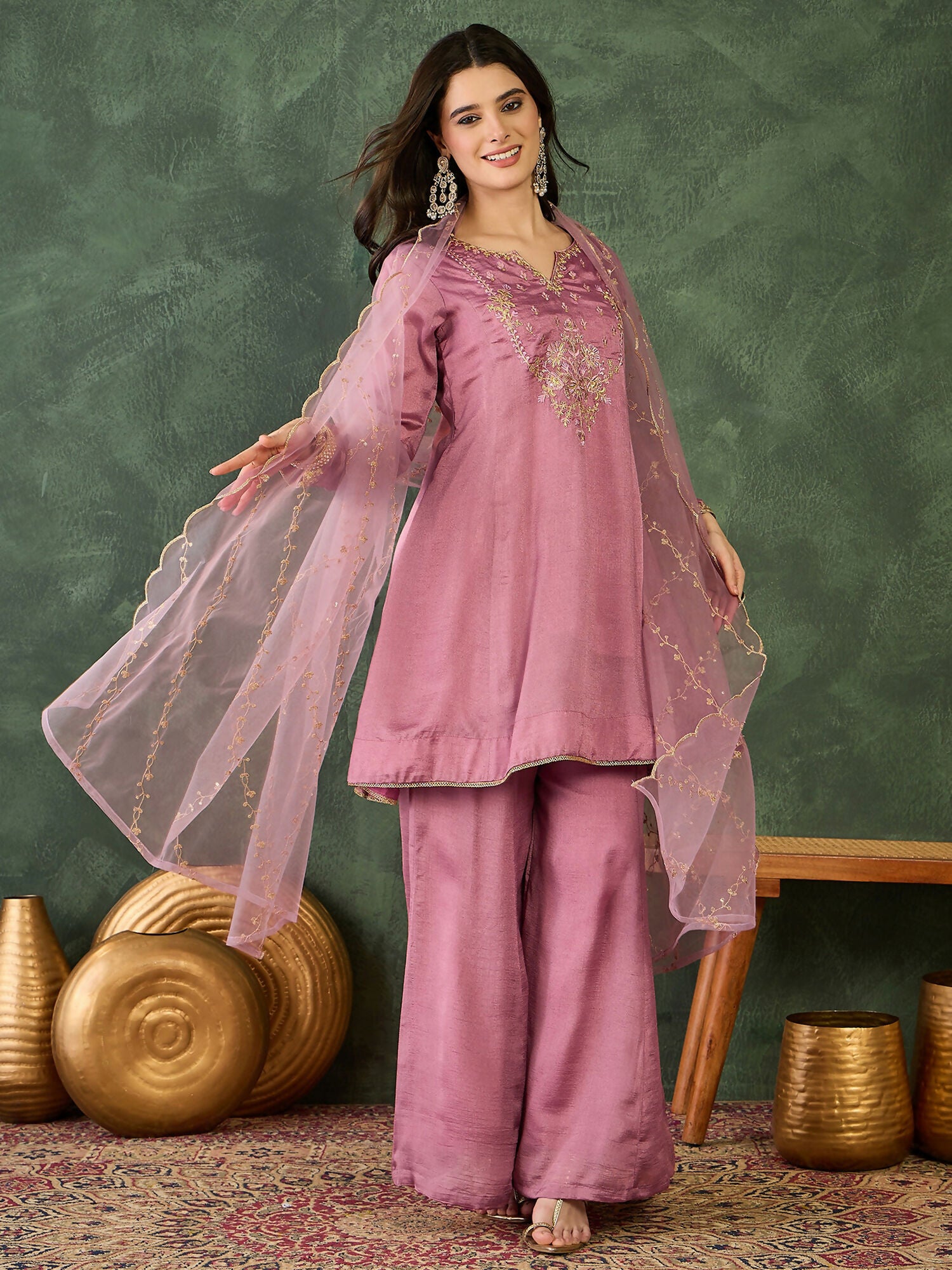 The52 Women's Gorgeous Embroidery Work Viscose Silk Fabric A-line Kurta Sharara and Dupatta Set-Onion
