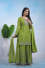 Thumbnail for Joban Fashion Green Silk Embroidered Sharara Set - Distacart